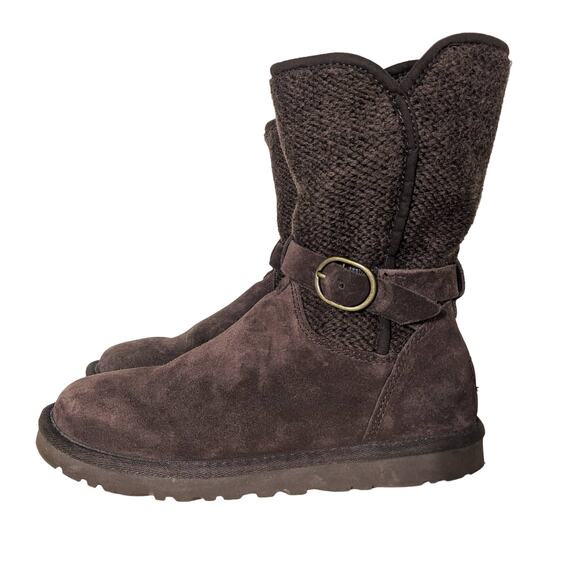 UGG Dark Chocolate Brown Nyla Wool Knit Suede Buckle Winter Shearling Boots Sz 6 - Picture 4 of 8